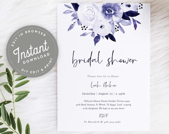 Blue Bridal Shower Invitation Blue and White Flowers Bridal Shower Invites Template Editable, Instant Download, 74
