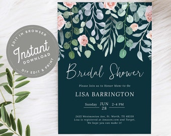 Bridal Shower Invitation Eucalyptus, Bridal Shower Invite Blue, Modern Shower Invite Boho Template, Editable, Instant Download, Pippa