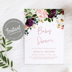 Pink Burgundy Floral Baby Shower Invitation, EDITABLE, Printable Baby Shower Card Template, Plum, Blush, Boho, Baby Girl Shower, 40