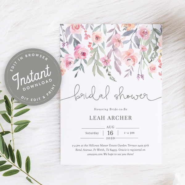 Pastel Floral Bridal Shower Invitation Template Boho Bridal Shower Invites Purple Watercolor Flowers Wedding Shower Editable Template, 80
