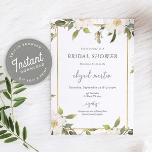 Classic White Floral Bridal Shower Invitation White Bridal Shower Invites Classic, Vintage Gold Editable Templett, Instant Download, 105