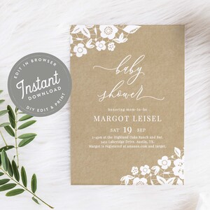 Dentelle bébé douche Invitation fille, douche de bébé rustique invite fille papier Kraft inviter élégant, pays, modèle modifiable téléchargement immédiat 53