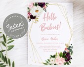 Hello Babies Invite Twin Girl Invites Printable, Girl Twin Shower Invitation Floral, Burgundy Flowers Geometric Frame, Download, 40