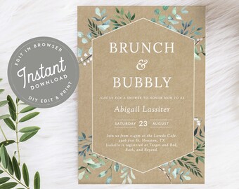 Rustic Brunch and Bubbly Bridal Shower Invitation, Greenery Bridal Shower Invites, Bridal Shower Brunch, Instant Download, Printable, 28