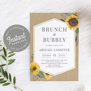 Sunflower Brunch and Bubbly Bridal Shower Invitation, Rustic Bridal Shower Invites, Bridal Brunch, Editable, Instant Download, Printable, 33