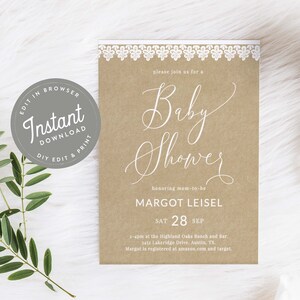 Toile de jute Baby Shower Invitation genre neutre Baby Shower inviter toile de jute, dentelle rustique Invitation calligraphie modifiable télécharger, 52