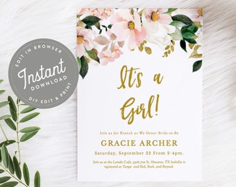 Blush Pink Baby Shower Invitation Girl, Template, Editable, Printable Girl Baby Shower Invitation, Boho Invites, It's A Girl Invitation, 37