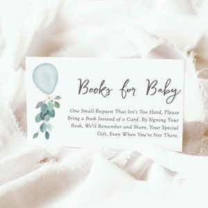 Ballon bleu apporter un téléchargement de carte de livre, carte de demande de livre de douche de bébé garçon imprimable Blue Book Baby Shower Card Insert PDF Download, 85