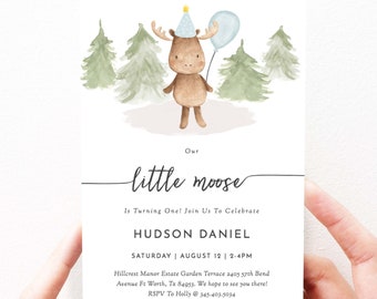 Moose Birthday Invitation Instant Download Template, Moose First Birthday, Editable, Little Moose, 185