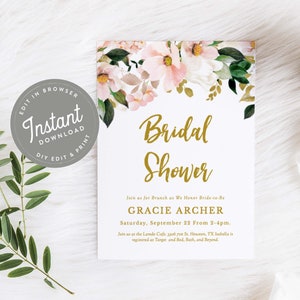 Blush Pink Bridal Shower Invitation, Blush Floral Bridal Shower Invites, Printable Bridal Shower Invitation, Editable, Digital Download, 37