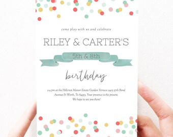 Invitación de cumpleaños conjunta niña niño plantilla editable, invitación de cumpleaños de hermano, plantilla editable, invitación imprimible invitación editable