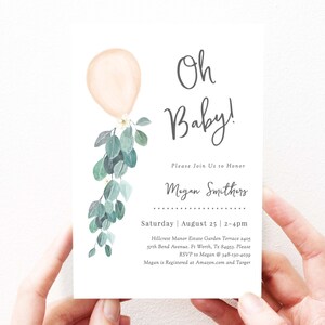 Baby Girl Shower Invitation Template With Balloon, Instant Download, Editable Blush Pink Baby Shower Invites Girl, Editable Template, 85