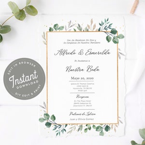 Groen Invitaciones De Boda Sjabloon Invitaciones Digitale Con Hojas Verdes, Para Boda, Imprimir En Casa, Instant Download