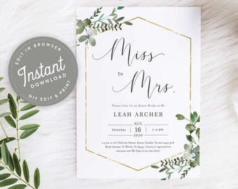 Greenery Miss to Mrs Bridal Shower Invitation Download, Simple Bridal Shower Invites Greenery Geometric Frame Editable Template, Greens