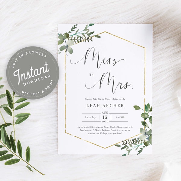 Greenery Miss to Mrs Bridal Shower Invitation Download, Simple Bridal Shower Invites Greenery Geometric Frame Editable Template, Greens