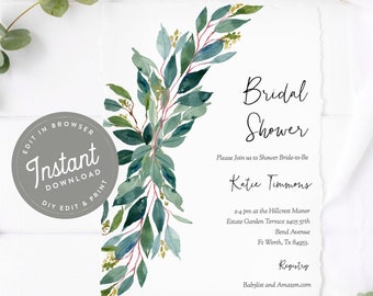 Greenery Bridal Shower Invitation Template, Bridal Shower Invite Instant Download Modern Wedding Shower, 100
