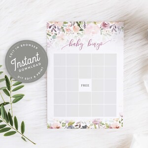 Purple Floral Baby Shower Bingo Instant Download, Printable Baby Shower Games, Girl Baby Shower, Printable, Floral, Instant Download, 122