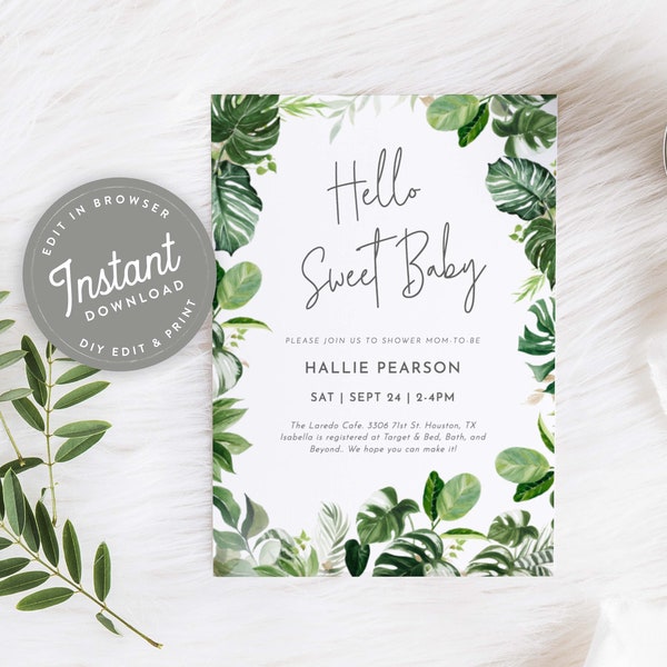 Tropical Greenery Baby Shower Invitation Gender Neutral, Monstera Leaf Jungle Baby Shower Boy Invite Editable Template Instant Download, 72