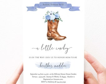 Cowboy babyshower-inbjudan Cowboy babyshower-inbjudan Digital direktnedladdningsbar mall, redigerbar, liten cowboy, 184