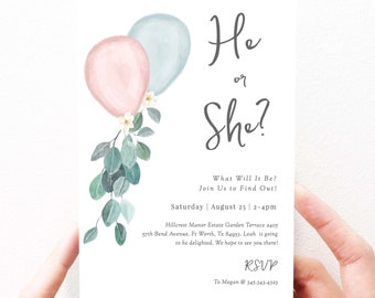 Gender Reveal Invitations Template, Editable Baby Reveal Invite Template, Pink and Blue Balloons, Printable, Instant Download, 85