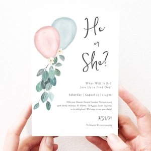 Gender Reveal Invitations Template, Editable Baby Reveal Invite Template, Pink and Blue Balloons, Printable, Instant Download, 85