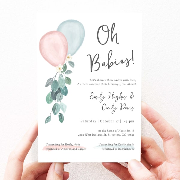 Joint Baby Shower Invitation Template, Double Baby Shower Invitation, Editable Template, Printable Invite Editable Invitation, 147