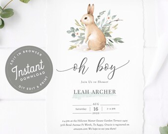Bunny Baby Shower Invitation Boy Baby Shower Invites Rabbit, Boy Bunny Shower Invites, Spring, Editable, Instant Download, Printable, 91
