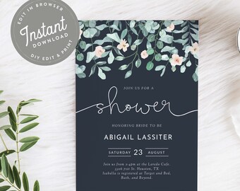 Navy Bridal Shower Invitation Eucalyptus, Bridal Shower Invite Navy Blue, Shower Invite Floral, Editable, Instant Download Template, Kara