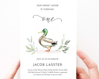 Duck First Birthday, Duck Birthday Invitation Cute, Mallard Duck, Editable, Printable Instant Download Template, 183