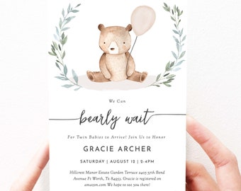 Baby Boy Shower Invitation Bear Baby Shower Invitation Instant Download Template, We Can Bearly Wait, Editable, Gender Neutral, 156