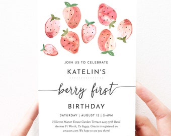 Cute Strawberry Birthday Invitation Strawberries, Strawberry Birthday Party Invitation Download Editable Template, Girl First Birthday, 120