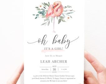 Flamingo Baby Shower Invitation Girl Baby Shower Invites Tropical, Pink Flamingo Shower Invites, Editable, Instant Download, Printable, 46
