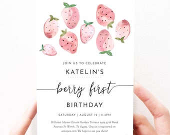 Cute Strawberry Birthday Invitation Strawberries, Strawberry Birthday Party Invitation Download Editable Template, Girl First Birthday, 120