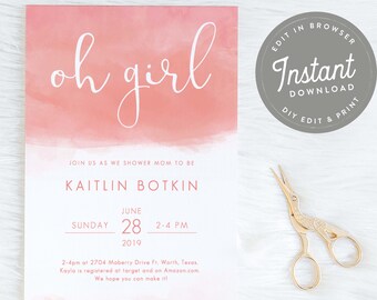 Puede incluir: Una invitación de baby shower rosa y blanca con el texto "oh girl" en letra cursiva. La invitación incluye la fecha, la hora y el lugar de la ducha. También dice "Únete a nosotros para celebrar a la futura mamá Kaitlin Botkin".