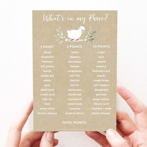 Lamb Baby Shower Game, Sheep Baby Shower, Whats In Your Purse Game, What's In Your Purse Game, Printable, PDF, 92