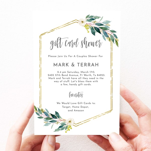 Greenery Gift Card Shower Invitation Template, Joint Shower Invitation Instant Download, CoEd Shower, Customizable, Gold Frame, 126