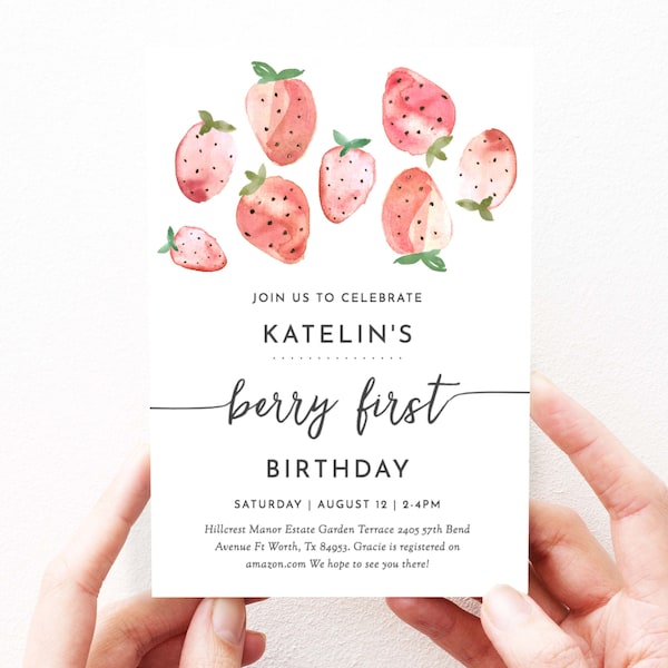 Cute Strawberry Birthday Invitation Strawberries, Strawberry Birthday Party Invitation Download Editable Template, Girl First Birthday, 120