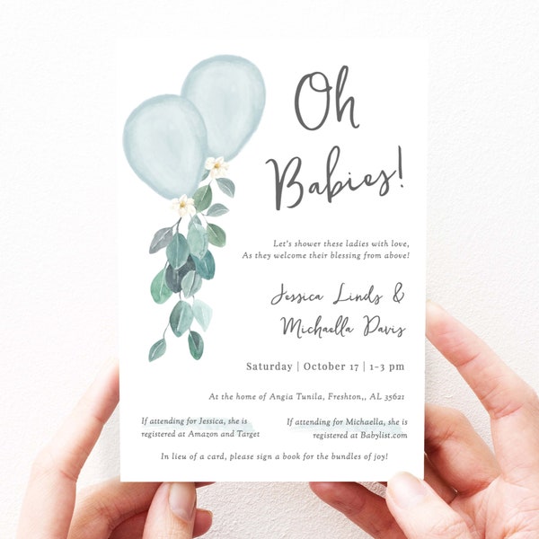 Joint Baby Shower Invitation Template, Double Baby Shower Invitation, Editable Template, Printable Invite Editable Invitation, 147