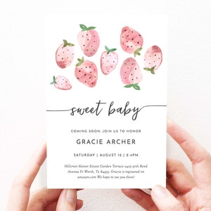 Cute Strawberry Baby Shower Invitation Strawberries, Summer Baby Shower Invitation Download Editable Template, 120