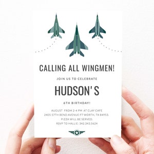 May include: A white invitation with a green airplane graphic. The invitation reads "Calling all wingmen! Join us to celebrate Hudson's 6th Birthday! August from 2-4 PM at Clay Cafe 2405 57th Bend Avenue Ft Worth, TX 84953. Pizza will be served. RSVP to Hallie: 342.343.5624"