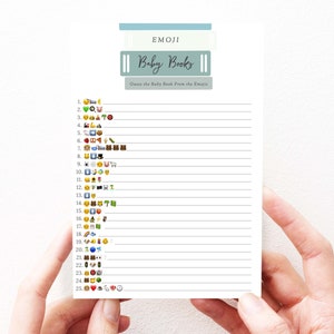 Puede incluir: Una tarjeta de juego imprimible con una barra de título azul y blanca que dice "Emoji Baby Books". La tarjeta tiene 25 líneas numeradas con emojis al lado de cada número. Las instrucciones dicen "Adivina el libro para bebés a partir de los emojis".