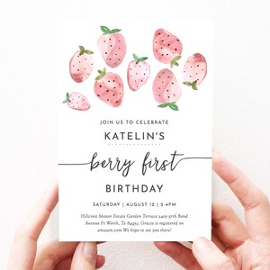 Cute Strawberry Birthday Invitation Strawberries, Strawberry Birthday Party Invitation Download Editable Template, Girl First Birthday, 120