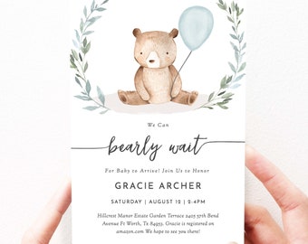 Baby Boy Shower Invitation Bear Baby Shower Invitation Instant Download Template, We Can Bearly Wait, Editable, Bear With Balloon, 73
