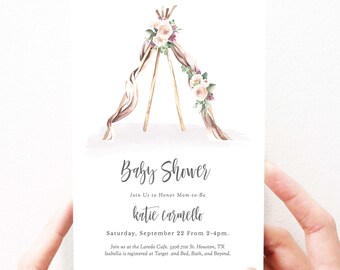 Boho Teepee Baby Shower Invitation Template, Bohemian Baby Shower Invite Teepee, Girl, Editable Download, 98