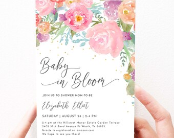 May include: A baby shower invitation with a watercolor floral design in shades of pink, peach, and purple. The text reads "Baby in Bloom" and includes the name "Elizabeth Elliot", the date "August 24", and the time "2-4 PM".