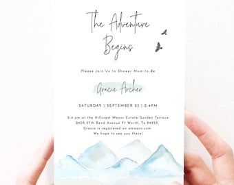 Mountain Baby Shower Invitation Template Boy Mountain Baby Shower Invites Adventure Awaits Editable Template, Forest Instant Download, 76