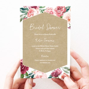 Burgundy Floral Bridal Shower Invitation Burlap Floral Bridal Shower Invite Template, Blush Instant Download, 99