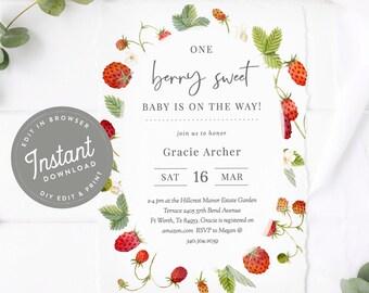 Summer Baby Shower Invitation Strawberry Baby Shower Invitation Download Editable Template, Cute Baby Girl Shower Invite, Berry Sweet, 134