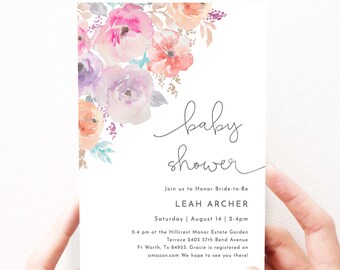 Purple Floral Baby Shower Invitation Template Download, Light Purple Baby Shower Invites Lavender Watercolor Flowers Editable Template, 82