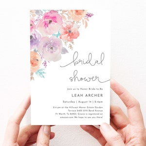 Purple Floral Bridal Shower Invitation Template Download, Light Purple Bridal Shower Invites Pink Watercolor Flowers Editable Template, 82